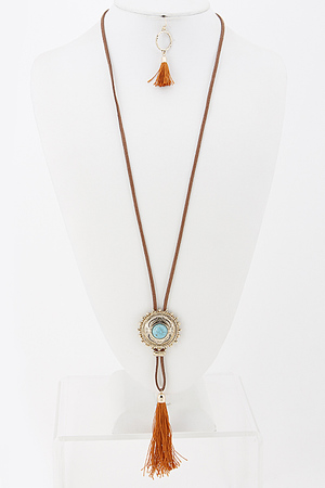 Aztec Long Pendant Necklace Set with Round Medallion Detail 5JCG8
